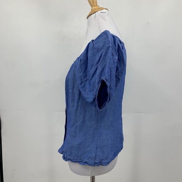Ann Taylor Top Womens XS Chambray Linen Blend Puff Sleeve Button Front Cropped - Picture 4 of 12